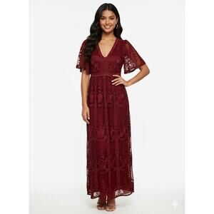 Boho Lace Maxi Dress Romantic Floral Embroidered Mesh Overlay V-Neck